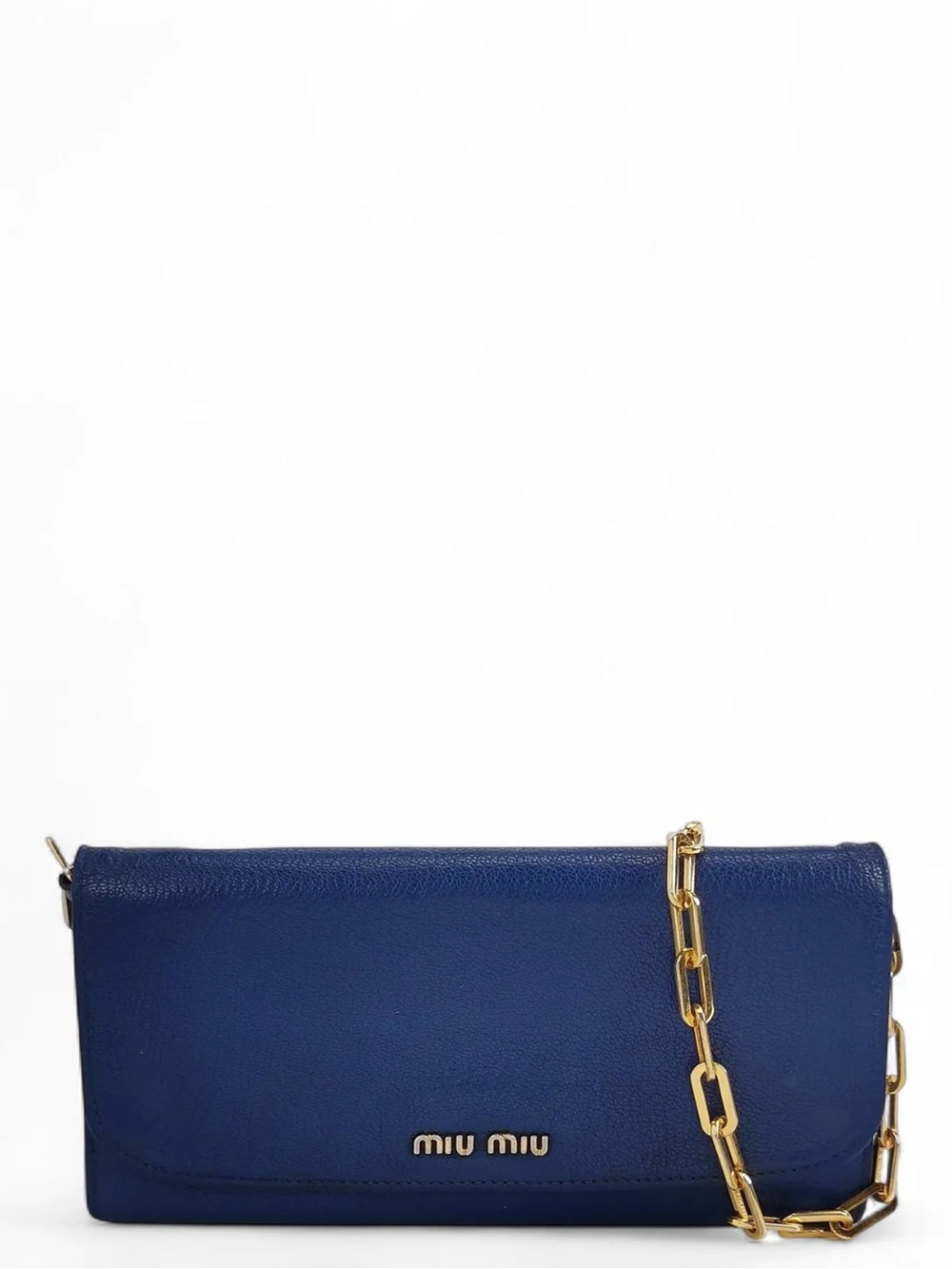 Miu Miu Cobalt Blue Leather Wallet on Chain with Gold Chain